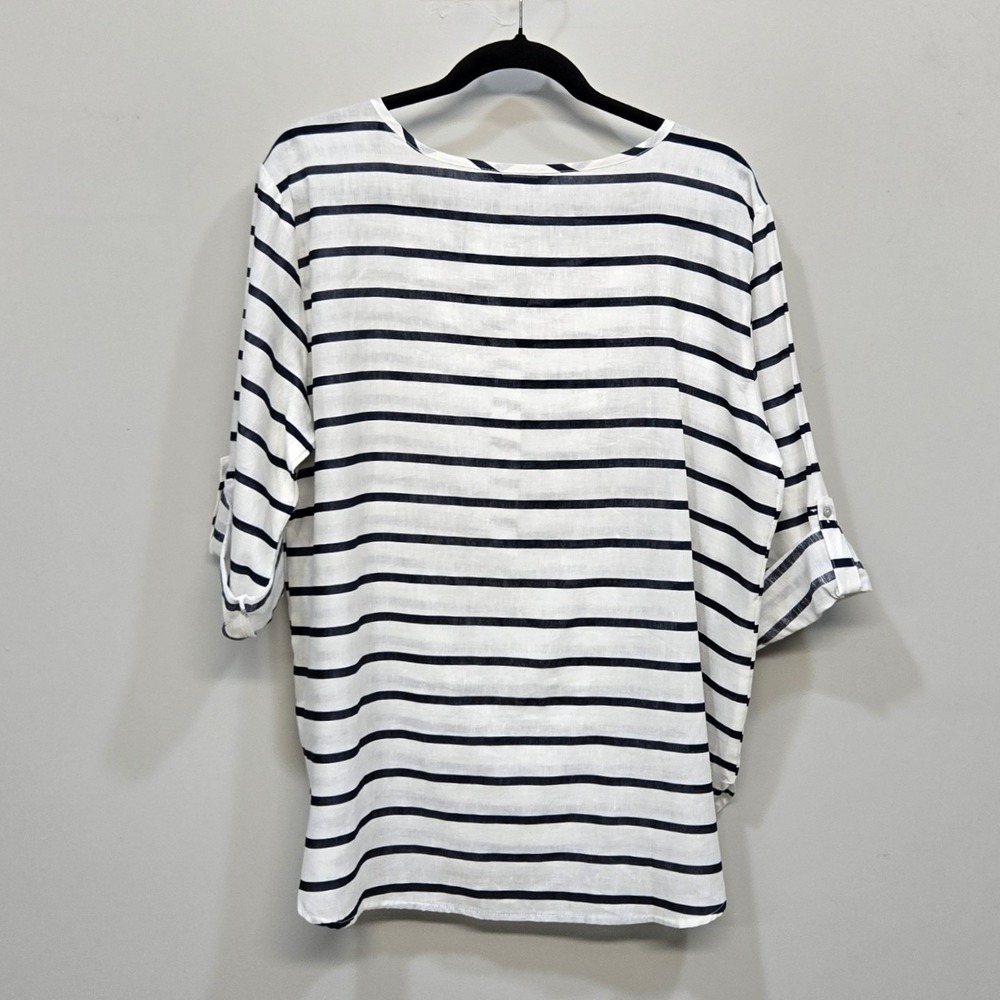 Linen Blend Stripe Shirt Top Women Large Coastal Grandma Nautical Split Neck Top - Picture 2 of 9